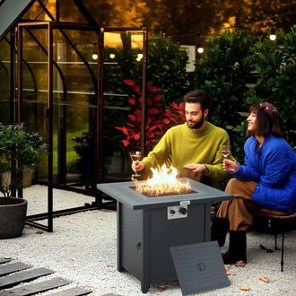 OUTSUNNY Square Propane Fire Pit Table 40000 BTU Gas Firepit w/ Lava Rocks & Lid in Dark Grey