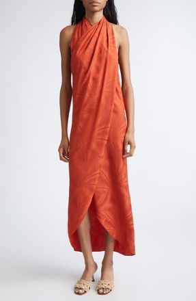 Johanna Ortiz Silent Water Palm Jacquard Drape Satin Top in Rust at Nordstrom, Size 10