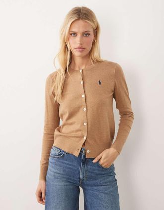 Polo Ralph Lauren Cardigan in maglia sottile color cammello con logo-Marrone