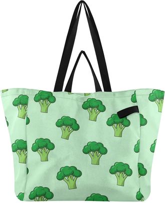 Generic Broccoli Vegetable Green print Reusable Canvas Tote Bag, Heavy Duty Grocery Shopping Bag with Large Capacity Hard Bottom Double Handles Work Groceries