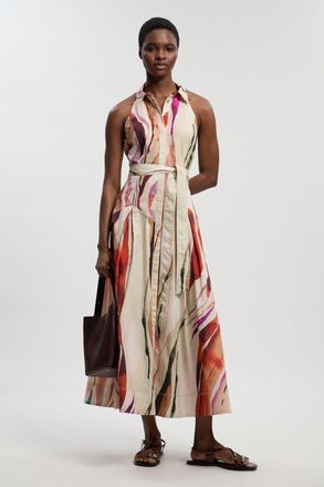 Karen Millen Womens Petite Marble Print Cotton Collared Halterneck Woven Midi Shirt Dress With Dropped Waist Detail - Multicolour - Size 10 UK