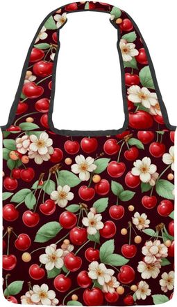 Generic Red Cherry Flowers Reversible Canvas Shoulder Tote - Double-Sided Print, 12oz Cotton, 27cm Drop, Fold-Flat Bag for Travel, Shopping, Street Outings