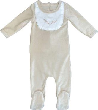 Maniere Embroidered Bib Cotton Blend Footie in Cream at Nordstrom, Size 12 M
