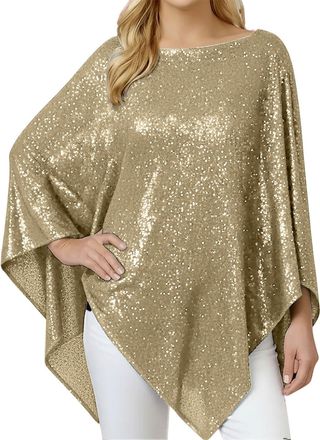 Generic Womens Asymmetrical Hem Cape Top - Gold Foil Print Sparkly 3/4 Sleeve Elegant Plus Size Shimmering Tunic Blouse for Party Occasions(Gold, XXL)
