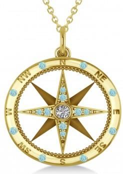 Allurez Compass Pendant For Men Aquamarine & Diamond Accented 14k Yellow Gold (0.45ct)