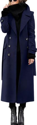 Generic Wool Coat for Women Long Overcoat Jackets Classic Woolen Double Breasted Trench Coats with Belt Classic Lapel Collar Peacoats with Pockets Autumn Wint
