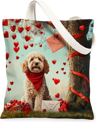 Generic Valentines Day Labradoodle Dog Canvas Tote Bag for Shopping 13x15, Fun Heart Tree Puppy Reusable Grocery Print Pattern Bag for Women, Pet Beach Aesthe