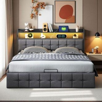 OEM Cama Doble 160x200 - Cofre De Almacenamiento - Led Rgb - Cabecera Usb - Acero Reforzado Gris