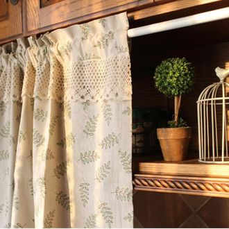 OEM Cortinas Cortas De Cocina Para Ventanas Peque&ntilde;as, Cortinas De Discos De Algod&oacute;n Y Lino, Hojas Verdes, Color Beige, Opacas, Estilo R&uacute;stico Vintage, Med