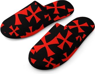 Generic Knights Templar Flannel Mens Slip-on Slippers Winter Warm House Shoes with Rubber Sole for Home Hotel
