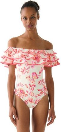 Kate Spade New York Floral Toile Ruffle Off the Shoulder One Piece Swimsuit in Light Cantaloupe at Nordstrom, Size X-Large