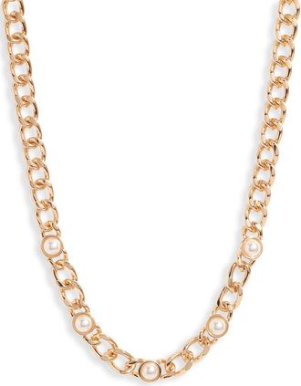 Nordstrom Imitation Pearl Accent Curb Chain Necklace in White- Gold at Nordstrom