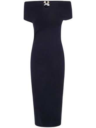 Alberta Ferretti Off-the-Shoulder Midi Dress with Pearl Accents