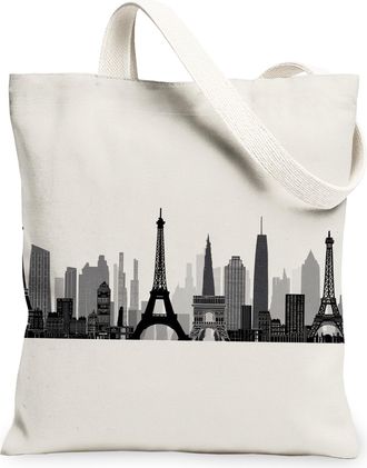 Generic City Skyline Canvas Tote Bags, Urban Design Pattern Reusable Grocery Bags, Summer Stylish Lightweight Washable Canvas for T, White, 13x15 Inch