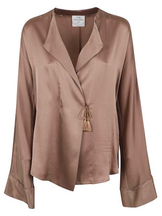 Forte_Forte Shiny Stretch Silk Satin Crossed Shirt