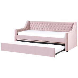 Beliani Cama Con Somier De Terciopelo Rosa 90 X 200 Cm Con Botones Listones Montargis