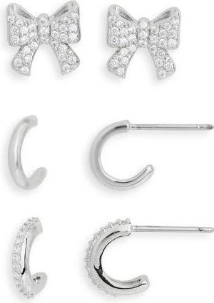 Nadri Set of 3 Cubic Zirconia Bow Stud & Huggie Hoop Earrings in Rhodium at Nordstrom Rack