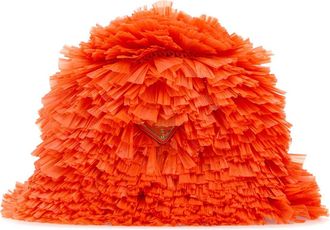 Prada Womens Embellished Raffia Bucket Hat Orange