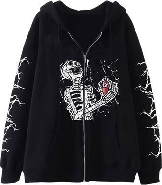 Generic 2025 Halloween Women Men Zip Up Oversized Hoodie Gothic Graphic Alt Baggy Fleece Jacket 90s Punk Streetwear (Black, XL)