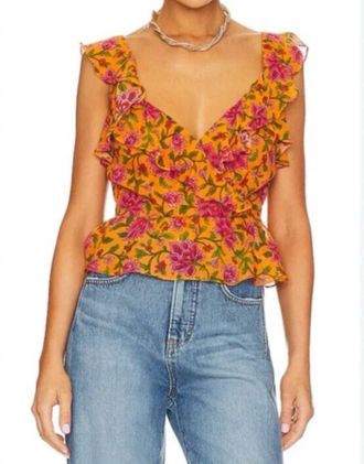 Veronica Beard Randa Ruffle Floral Silk Top In Yellow Floral