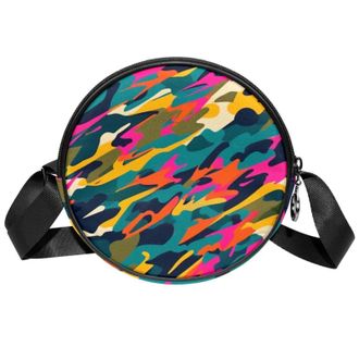 Generic Circle Crossbody Bag for Women, Colorful Camouflage Small Sling Bag Daypack with Zipper Adjustable Shoulder Straps Casual Ladies Girls Round Purse