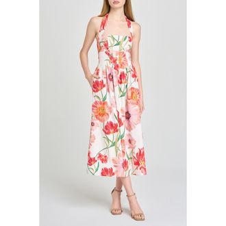 Wayf Camellia Floral Halter Neck Stretch Cotton Dress in Ivory Poppies at Nordstrom, Size X-Small