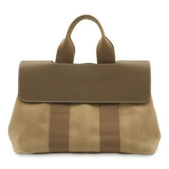 Herm&egrave;s Etoupe Gray Toile Chevron Leather Handbag Tote Bag (Pre-Owned)