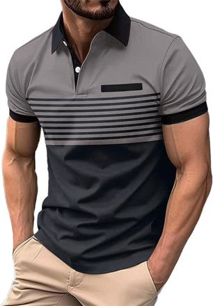 Generic Men T Shirts: Mens Short Sleeve Colour Block Stripe Button Down T-Shirt Mens Fashion Spring and Summer Casual Short Sleeve Button Color Block Short Sl