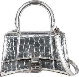 Balenciaga Pre-owned Womens Hourglass XS Croc-Embossed Handbag in Metallic Silver Leather Calf Leather - One Size