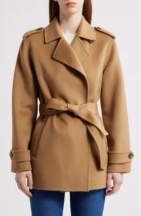 Michael Kors Double Face Wool Blend Crop Trench Coat in Dark Camel at Nordstrom, Size X-Small