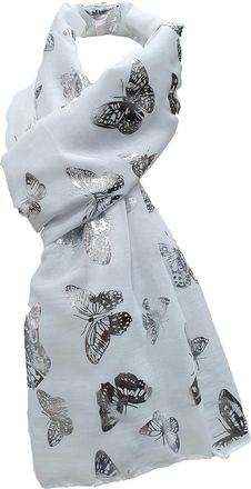 World of Shawls New Butterfly Print Ladies Celebrity Style Scarves Maxi, Scarf, Wrap, Sarong, shawls (White With Silver Foil Butterfly)
