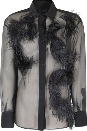 Antonelli Black Feather Sheer Silk Blouse