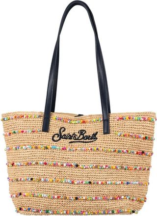 MC2 Saint Barth Tassen, Dames, Beige, ONE Size, Leer, Geweven Raffia Tote Bag met Kralenstrepen