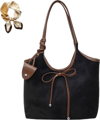 Generic Women Bow Suede Shoulder Purse,Vintage PU Bow Tote Bag,Casual Trendy Fall Large Capacity Hobo Handbag for Work Daily