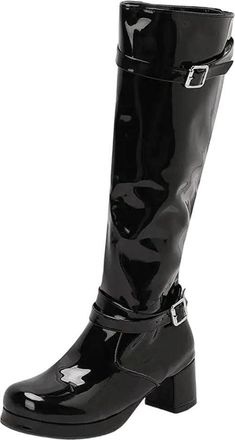 Generic Women Knee High Boots Square Toe Chunky Heel Platform Buckle Strap Elegant Long Boot