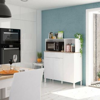 Dmora Credenza Norfolk, Mobile ausiliario da cucina, Credenza a 3 ante e 1 cassetto con ripiani, Armadio aperto, 108x40h126 cm, Bianco e Rovere