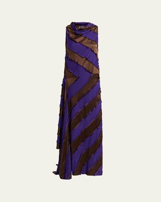 Zankov Cowl-Neck Striped Silk Asymmetric Maxi Dress