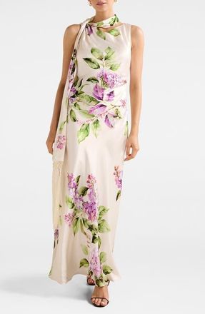 Ever New Ariane Floral Tassel Scarf Satin Maxi Dress in Hillcroft Floral at Nordstrom, Size 14