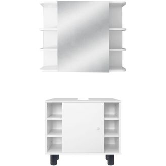 ML Design Ml-design - Conjunto De 2 Muebles De Ba&ntilde;o Armario Blanco Bajo Gabinete Colgante C&oacute;moda Cajones Entreabiertos Espejo Y Esanter&iacute;a Madera Mdf Con Espacio