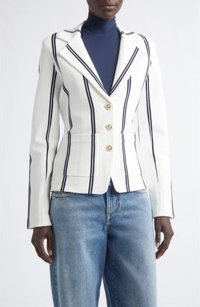 St. John Carter Stripe Roma Crepe Knit Jacket in Bright White/midnight at Nordstrom, Size X-Large