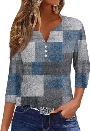 Generic 3/4 Sleeve Tops for Women Henley Neck Casual Womens T-Shirts Ladies Fitted Ladies Shirts Navy XL 102