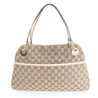Gucci Beige Leather Canvas Handbag Tote Bag (Pre-Owned)