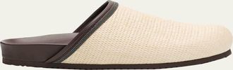 Brunello Cucinelli Monili Leather-Trimmed Raffia Mules