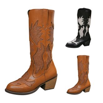 Generic Cowgirl Boots for Women Knee High Vintage Cowboy Boots with Floral Embroidered, Ladies Pointed Toe Chunky Heel Tall Boot Classic Pull On Design Wester