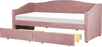 Beliani Cama Con Almacenaje 90 X 200 Tama&ntilde;o Individual Tapizado Poli&eacute;ster Somier Madera Eucalipto Cajones Contrachapado Moderno Rosa Vittel