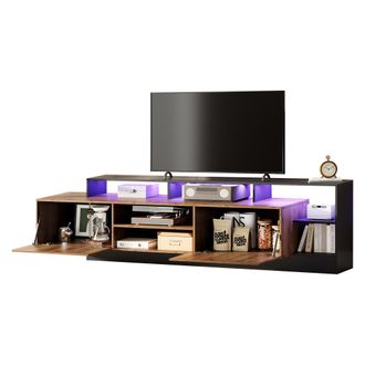 STILVORA Mueble Tv Con 2 Puertas Abatibles, Almacenamiento Abierto Y Led, Para Salon, En Tablero De Particulas, Negro Y Roble, 190 X 40 X 48.5 Cm