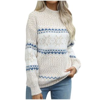 Generic Jumpers for Women UK, Ladies Sweaters Turtle Neck Fairisle Chunky Pullover Autumn Winter Warm Long Sleeve Knitted Comfy Christmas Tops Light Yellow