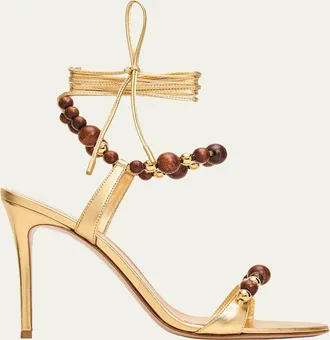 Gianvito Rossi 95mm Beaded Metallic Nappa Leather Ankle-Tie Sandals