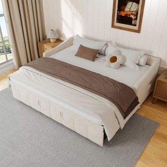 OEM Sof&aacute; Cama Convertible Hidr&aacute;ulico, Cama Para 2 Personas 180x200 Cm, Con Almacenamiento, Tela De Terciopelo Beige, Moderno