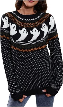 Generic Women Halloween Jumpers Loose Pullover Cable Knitted Sweater Halloween Ghost Graphic Sweatshirt Round Neck Long Sleeve Pullover Sweaters Ladies Long S